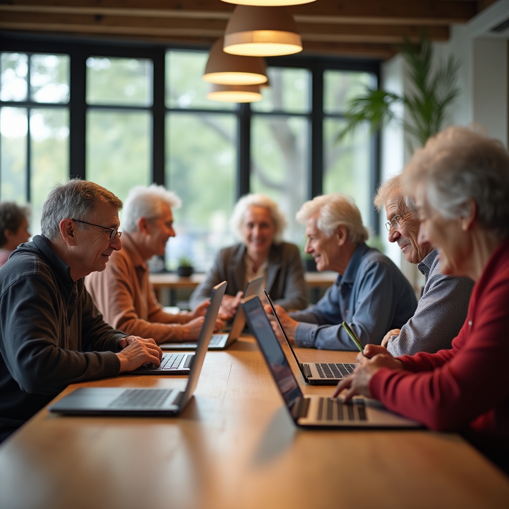 Small group of adult learners sitting together comparing notes during a technology class