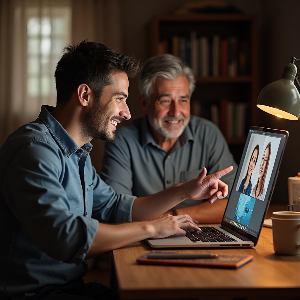 Instructor helping an adult learner set up a video call on a laptop at a home desk