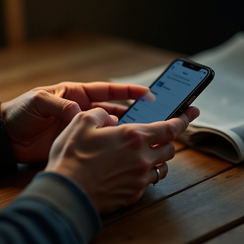 Close-up of hands adjusting settings on a smartphone during a beginner lesson